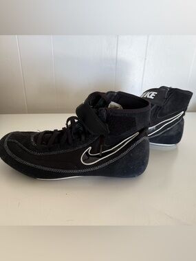 Nike Black High-Top Wrestling Shoes with White Swoosh Outline